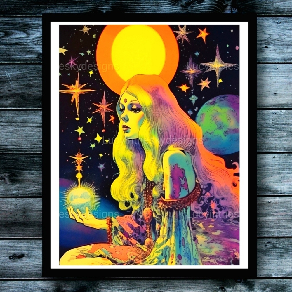 Glowing Goddess Surreal Celestial Art Print Vibrant, colorful, moon & st…